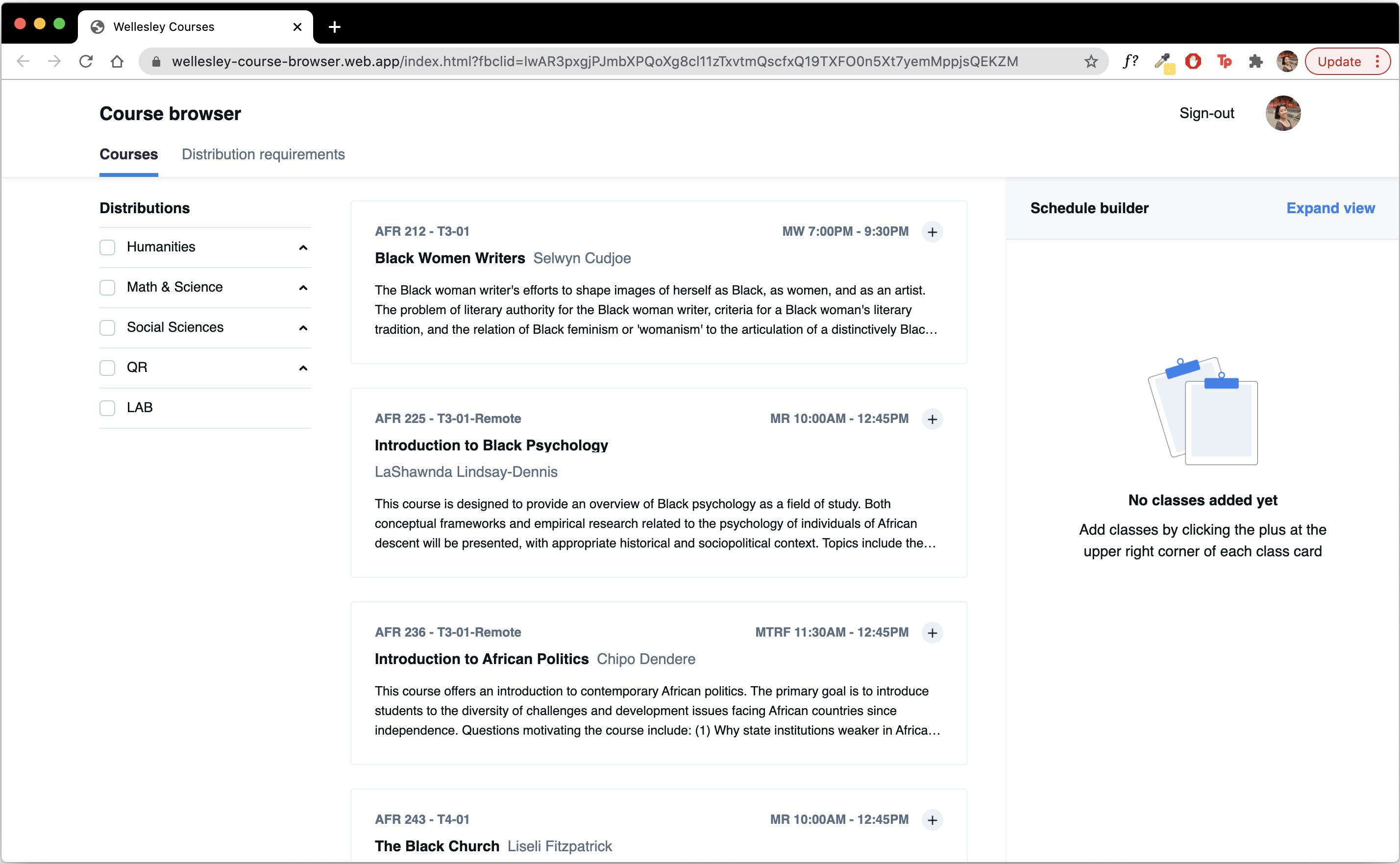 Home screen where students add courses to their Schedule builder